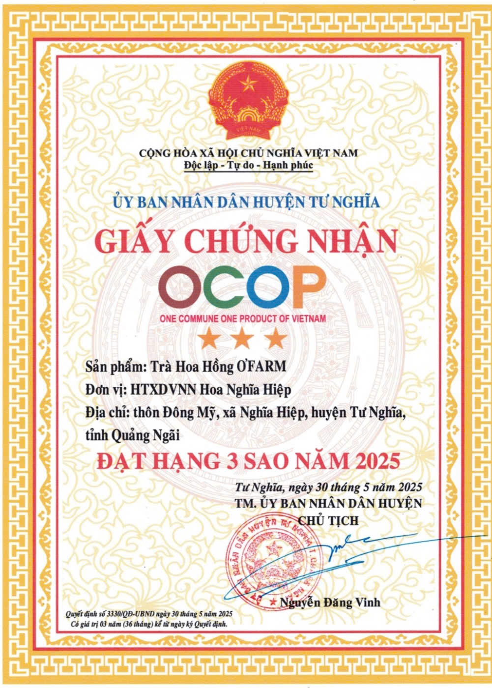 TRÀ HOA HỒNG O'FARM OCOP 3 SAO