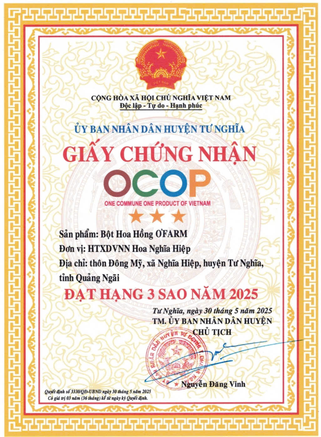 BỘT HOA HỒNG O'FARM OCOP 3 SAO