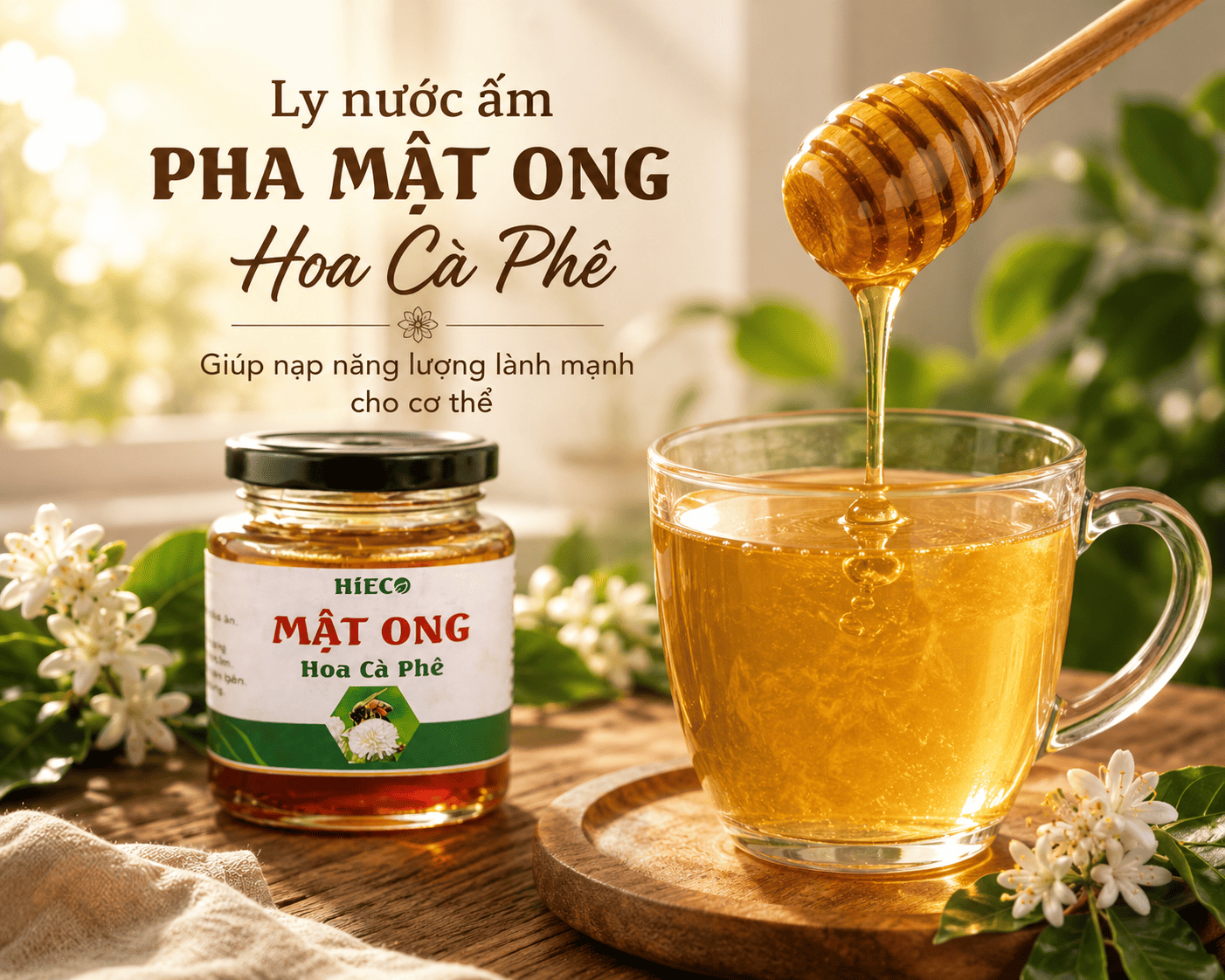 Một ly nước ấm pha mật ong hoa cà phê giúp nạp năng lượng mỗi ngày
